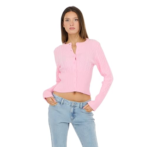 Forever 21 Women’s Cable Knit Fitted Cardigan – Classic Long Sleeve Button Front Sweater for Everyday Layering, Color- Pink, Size- Small