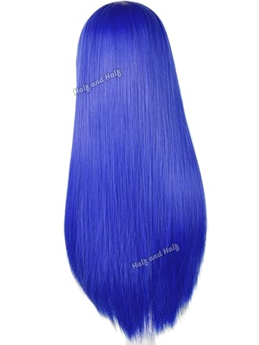Image of Half and Half Long Deep Blue Anime Wig for Kokomi Teruhashi Cospaly 23.6'' Dark Blue Female Wig with Bangs Sapphire Blue Synthetic Hair Wigs for Women Halloween Party Costumes