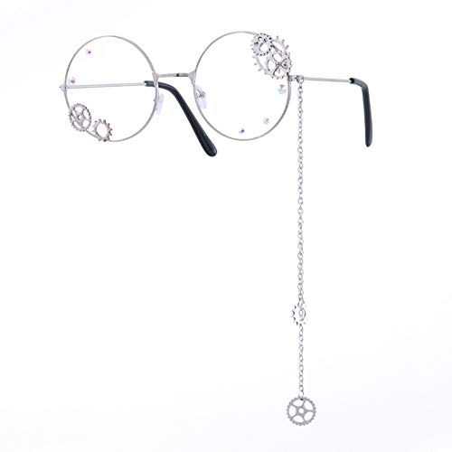 Guoainn Glasses for Lolita Cosplay Punk Style Unisex Round Circle Hollow Gear Chain Spectacles Eyeglasses Frame Silver
