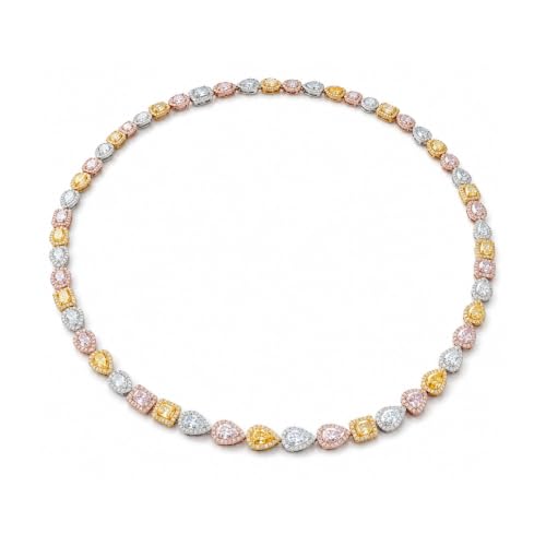 Claro Diamond Necklace in 18K White Gold, Pear, Cushion and Oval Silhouettes, Multicolor Fancy Diamond Halo Tennis Necklace
