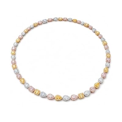 Claro Diamond Necklace in 18K White Gold, Pear, Cushion and Oval Silhouettes, Multicolor Fancy Diamond Halo Tennis Necklace