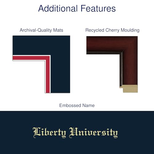 Framerly - Liberty University 11" w x 8.5" h Diploma Frame - Fits An Associate's and bachelor's - Gold Embossed Diploma Frame - Cherry Moulding with Navy and Red Matting - Officially Licensed