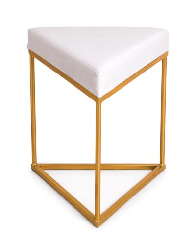 Image of Modern Velvet Triangular Vanity Stool with Gold Metal Frame | Upholstered Makeup Chair for Dressing Table | Accent Seating for Bedroom, Living Room & Home Decor- Cream