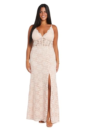 Image of Long Lace Corset Gown W /Illusion Scallop Bodice, Spaghetti Straps & High Slit