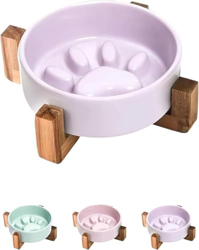 KOKUMON早食い防止ペット食器 犬猫用フードボウルスタンド 陶器ボウル + 木製台セット 餌入れ・ペット皿両用 滑り止め設計で安定感 取り外し可能で手入れ簡単 天然木材・食品用陶器 ペットの摂食速度調整 過食・むかつき防止 キッチン・リビングに最適 小