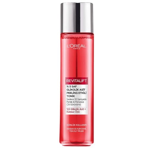L'Oreal Tónico para pelar ácido glicólico Paris al 5%, tóner glicólico Revitalift, para una piel suave y brillante - 180 ml