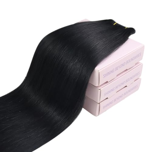 Image of Fshine Butterfly Weft Hair Extensions Human Hair, 50 g 16 Inch Jet Black | No-Sew, No-Glue, PU Base, Hair Weft Extensions, Adds Instant Volume and Length, OVO Hole Micro Hand-Tied