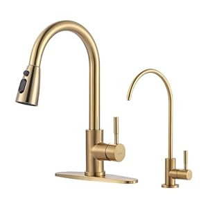 Kitchen Faucet and Water Filter Faucet Combo, WOWOW Stainless Steel Kitchen Sink Faucet with Drinking Water Faucet for Reverse Osmosis or Water Filtration System, Brushed Gold