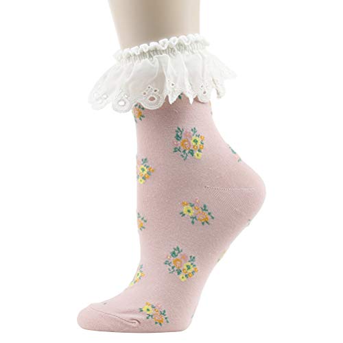 Image of KitNSox Funcat Women's Lace Ruffle Frilly Colorful Floral Cotton Casual Novelty Ankle Socks 4 /5 /6 Pairs