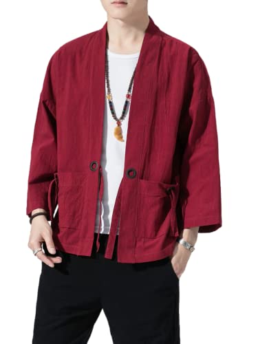 Image of Men's Japanese Kimono Cardigan Loose Cotton Linen 3 /4 Sleeve Open Front Casual Summer Shirt Jackets