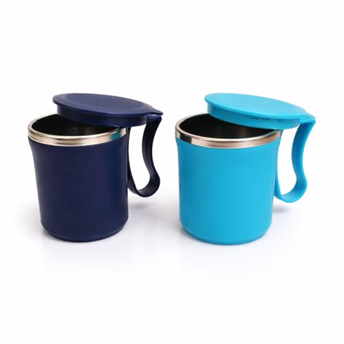 Image of Insulated Stainless Steel Coffee Mug with Lid, 300ml, Double Wall, Reusable Travel Mug for Home & Office (Navy Blue - Sky Blue)
