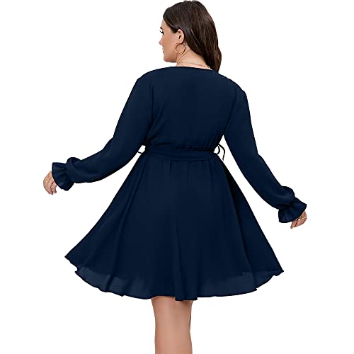 SCOMCHIC Women's Plus Size Long Sleeve Wrap V Neck Tie Waist A Line Mini Dress - Image 5