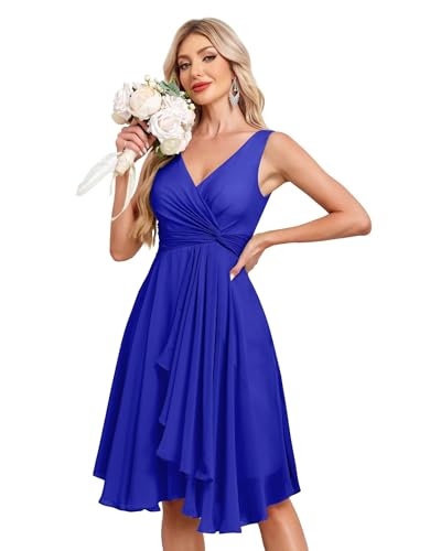 Image of Women's V Neck Short Bridesmaid Dresses 2025 Ruched Waist A Line Chiffon Formal Cocktail Party Dress