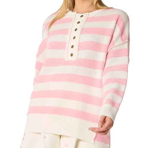 Women's Y2k Preppy Striped Sweater Drop Shoulder Long Sleeve Round Neck Button-up Oversized Pullover Tops