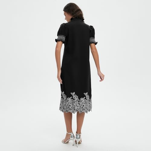 Image of Women's Summer Embroidered Midi Dress 2026 Button Down Short Sleeve Floral Shirt Dress