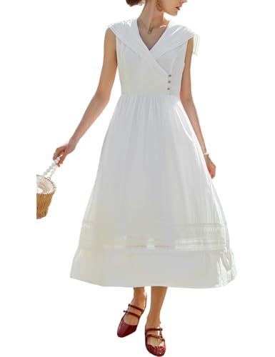 Women's White Cotton Boho Embroidered Eyelet Midi Dress, Sailor Collar Sleeveless Summer Casual Beach Vacation Dress - Main Image