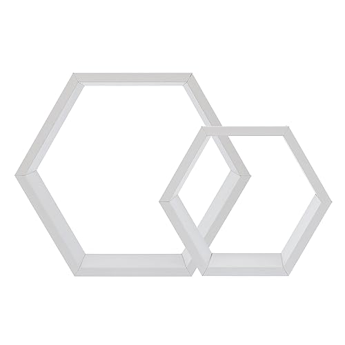 Invero Set of 2 Wooden Hexagon Shaped Floating Shelves - Wall Mounted Shelf for Decorations - Ideal for Living Room, Hall Ways, Bedrooms and more - White