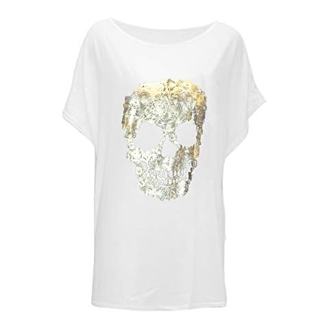 Fashion Star Women Baggy Batwing Gold Foil Floral Skull Tshirt Skull White Plus Size (UK 16/18) Cover