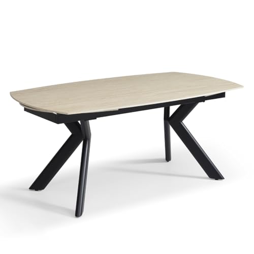 Meubletmoi Table de Repas Extensible 180 à 260 cm Ovale en céramique Effet travertin Beige et Pieds métal Noir en X évasés - Kite