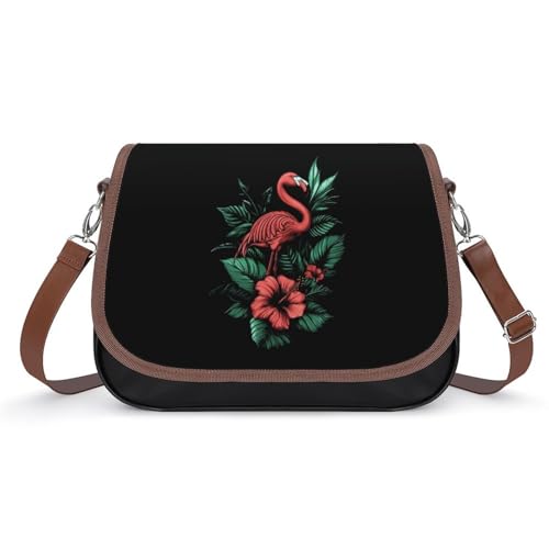 Flamingo Hibiscus Floral Women's Crossbody Bags Leather Messenger Handbag Small Shoulder Bag Purse