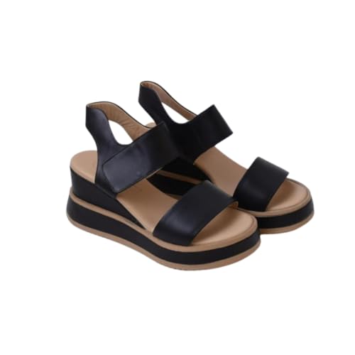 Sandales à lanières en cuir noir, chaussures d'été plates et nu-pieds femme