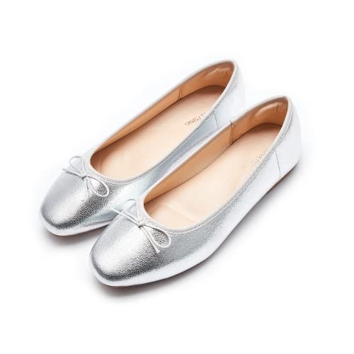 AFEETSING Womens Round Toe Ballet Flats Comfortable Bow Dressy Flats Shoes for Women (A-Silver Numeric_8)