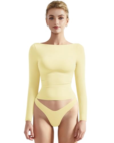 SUUKSESS Women Crew Neck Long Sleeve T Shirts Double Lined Tight Fitted Crop Top (Butter Yellow,M)