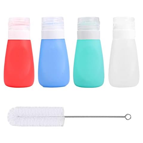 Timiuu Squeeze Salad Dressing Bottles with Cleaning Brush | Portable Sauce Bottles Condiment Bottles | Dressing to Go for Lunch | 3 OZ, Set of 4 | Food-Grade Silicone, BPA Free Cover