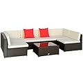 Outsunny 7 Piece Outdoor Patio Furniture Set, PE Rattan Wicker Sectional Sofa Set with Couch Cushions, Throw Pillows and Coffee Table, Orange, Cream