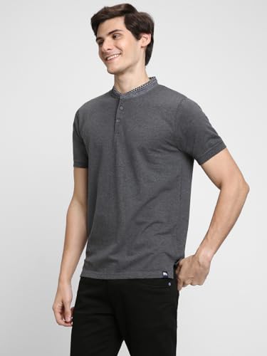 Image of Dennis Lingo Men's Cotton Grey Solid Regular Fit Mandarin Collar Short Sleeve Polo Tshirt