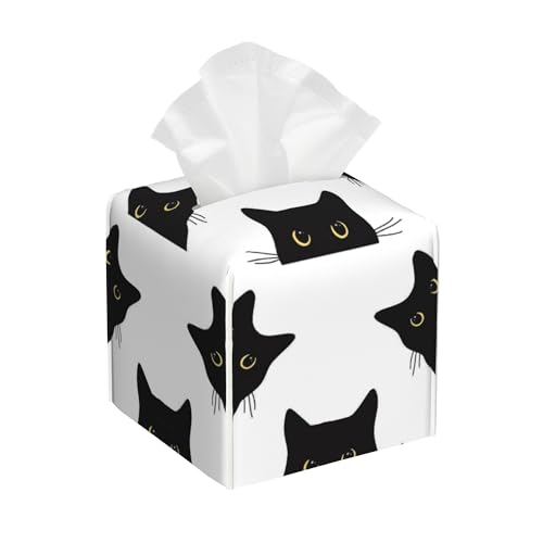 Black Cats Tissue Box Cover Square Leather Tissue Holder with Bottom Belt Waterproof Leather Facial Paper Organizer Tissue Box Cover for Home Office Bathroom Vanity Countertop 5.2 x 5.2 x 5.2
