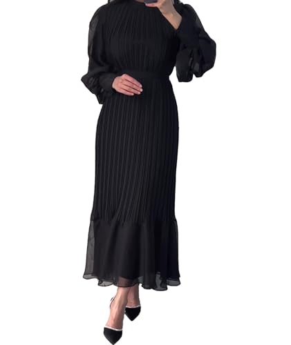 Sexyshine Women's Mock Neck Long Sleeve Full Pleated Chiffon Maxi Dress High Waist Belted A Line Cocktail Party Long Dress