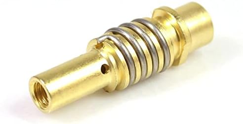Image of a brass diffuser or tip holder with a spring, used in MIG welding torches.
