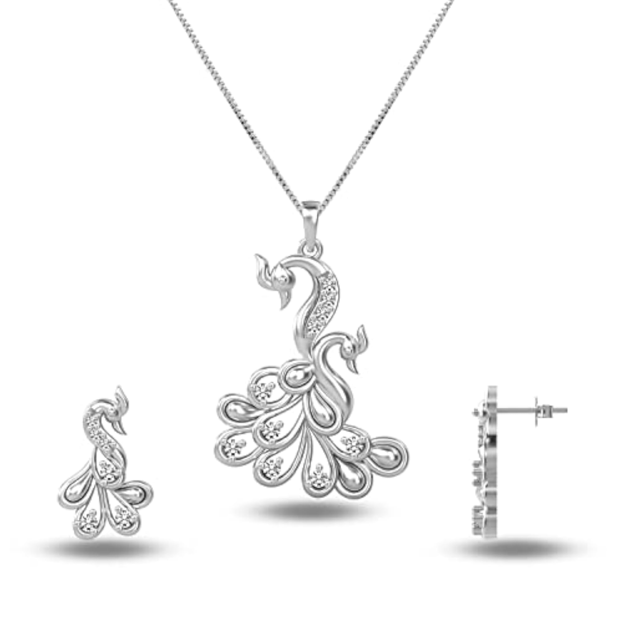 Women's 925 Sterling Silver Hallmarked Fancy Peacock Zircon Stud Pendant Necklace Set