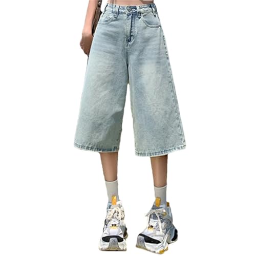 Pantalon court baggy vintage en jean taille haute délavé pour femme en bleu clair taille L