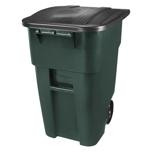 Image of Rubbermaid Commercial Products BRUTE Rollout Heavy-Duty Wheeled Trash /Garbage Can, 50-Gallon, Dark Green, for Restaurants /Hospitals /Offices /Warehouses /Garage