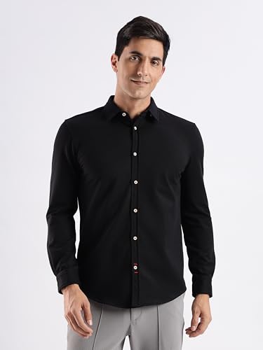 Image of TURMS Men's Solid Knitted Shirts, Odor Control, Stretchable & Breathable, Cotton Blend, Tailored Fit, Full Sleeve