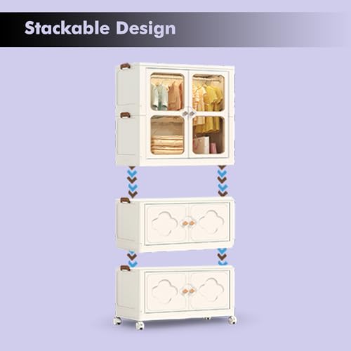 Image of ALOXE Plastic Wardrobe | Foldable Cupboard for Clothes & Bedroom Storage | Stackable Almirah with Wheels for Home & Kids | 2 Layer