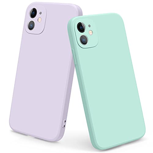 Yisica［2 Piezas］Funda de Silicona Compatible con iPhone 11（2019）, Funda de Silicona con Forro de Microfibra Suave, Diseño Especial de Borde Recto, Protección Integral, 6.1  （Cian Claro Hierba Púrpura