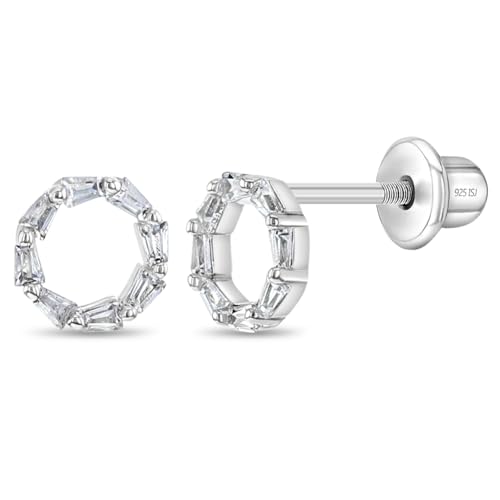 925 Sterling Silver Round Open Work Safety Screw Back Earrings With Baguette Cubic Zirconia Stones - Gleaming Round Earrings For Younger Girls