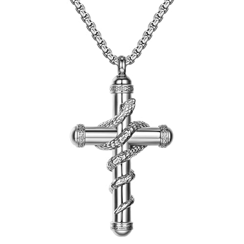 OIDEA Snake Cross Urn Necklaces for Ashes: Silver Men Women Openable Stash Necklace with Spoon Ashes Necklace Memorial Keepsake Cremation Jewelry for Human Ashes