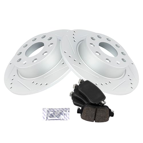 Image of TRQ Performance Rear Brake Pad and Rotor Set Ceramic Drilled Slotted G Coated Rotors Compatible with 15-21 Volkswagen Golf 17-19, Alltrack 15-19 Golf SportWagen 15-18 GTI 15-21 Passat