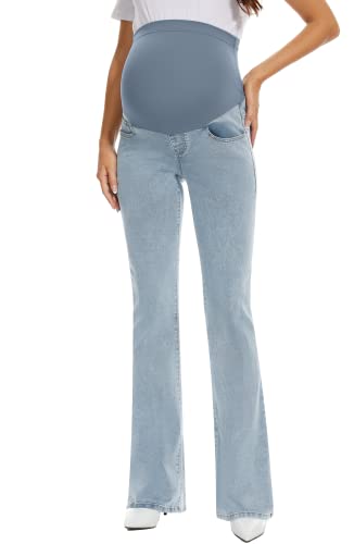 Glamix Women's Stretch Maternity Bootcut Jeans With Pockets Over The Belly Bell Bottoms Flare Denim Pants Pregnancy Clothes Light Blue #TOP1