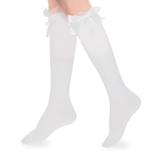 White Ruffle Socks, Cotton Knee High Girls Lolita Socks with Bow, Kawaii Goth Lolita Sock Gift for Women Daily Wear School Dating Dance