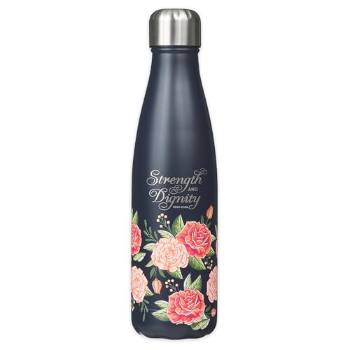 Christian Art Gifts Stainless Steel Double Wall Vaccum Sealed Water Bottle for Women: Strength & Dignity - Prov. 31:25 Inspirational Bible Verse, Leak-proof, BPA-free, Navy/Pink Rose Floral, 17 oz.