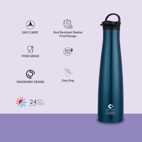 Image of CLAY CRAFT VACBOTT Vega Double Walled|18 Hours Hot and 24 Hours Cold Water Bottle Vacuum Insulated|Flask Bottle 650ml|Steel Bottles for Travelling|BPA-Free|BIS Certified|1Year Limited Warranty