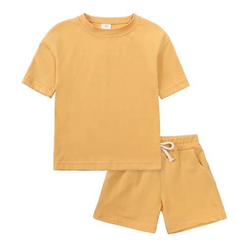 Image of KISBINI Toddler Kids Plain Short Sleeve T-Shirt and Shorts Set Unisex Cotton Summer Outfit Clothes for Little Boys or Girls