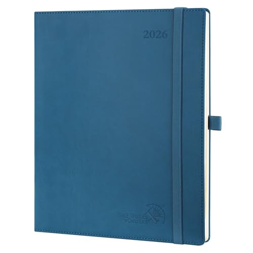 POPRUN 2026 Diary Week to View Large (26.5x21.5 cm) PU Leather Soft Cover Vertical Weekly Appointment Diary 26 Planner, Monthly Tabs, 100GSM Paper (Night Sky Blue)