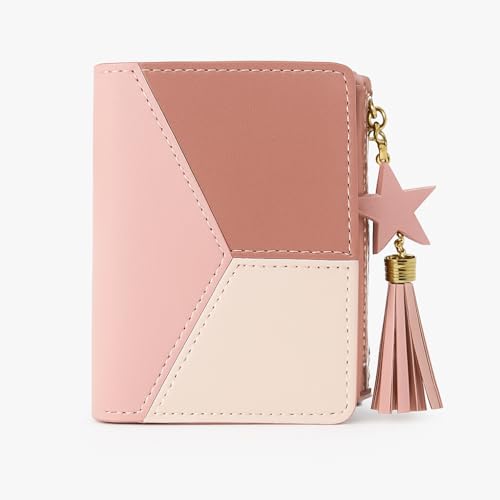 Carteira Feminina Geométrica Com Pingente Tassel Colorido, Compacta e Moderna, Com Porta Cartões, Zíper Para Moedas e Documento, Couro Sintético Estilo Fashion Elegante Prática (Rosé Clássico)