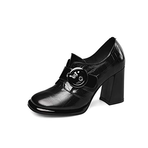 TinaCus Women's Handmade Genuine Leather Round Toe Buckled Trendy Platform High Chunky Heel Slip On Pumps